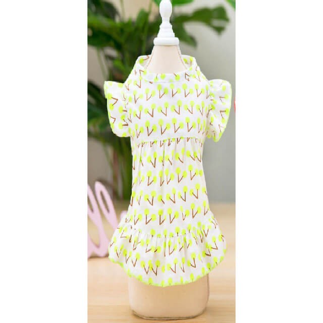 Pet cute print dress with cherry puff sleeve yellow large size